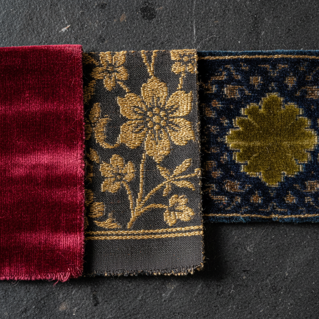 Close view of Italian silk velvet samples showing cut and voided pile structure