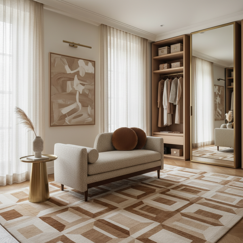 Dressing room seating area with an Italian wool and silk rug under natural light