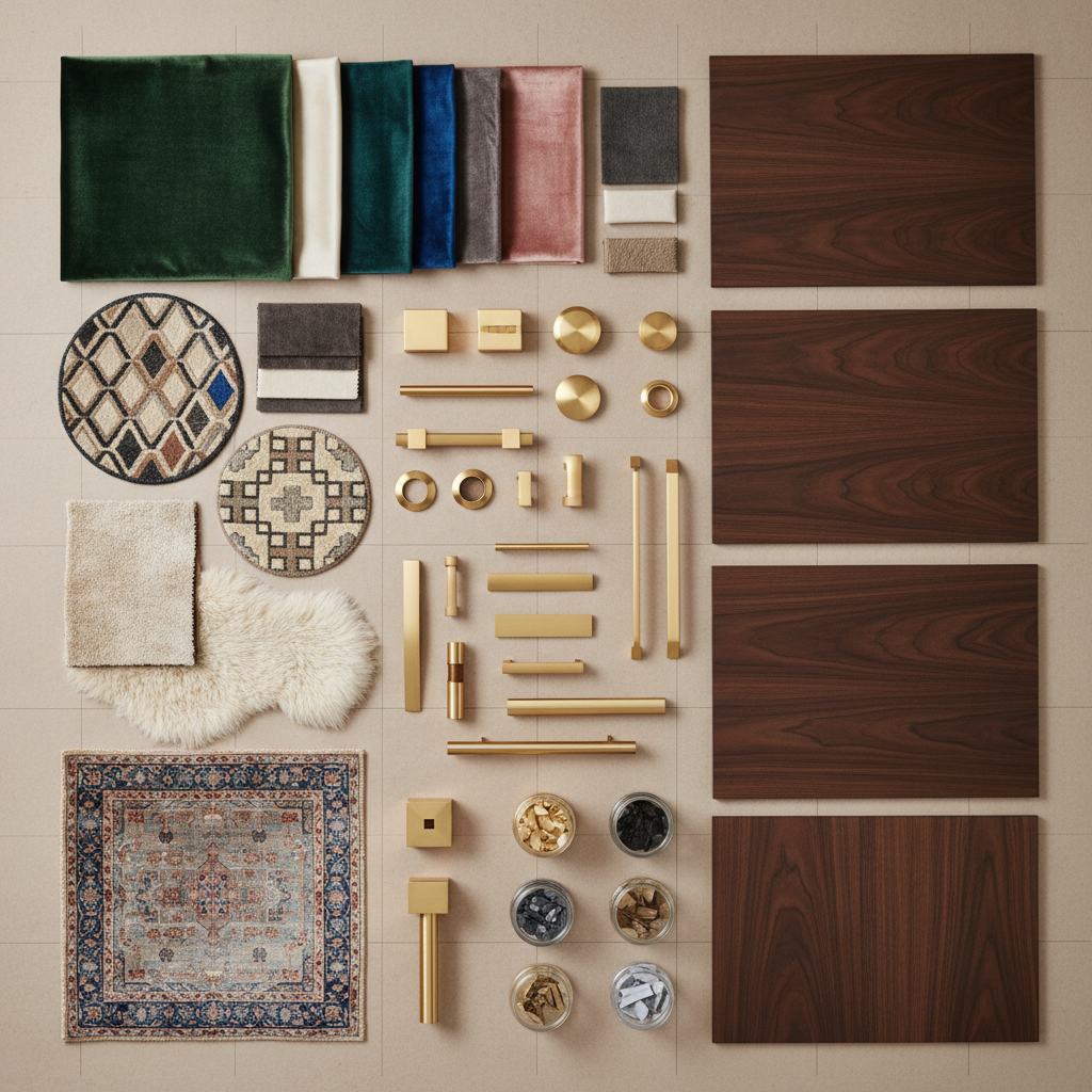 Italian luxury dressing room material board with velvet, silk, and rug samples beside wardrobe hardware