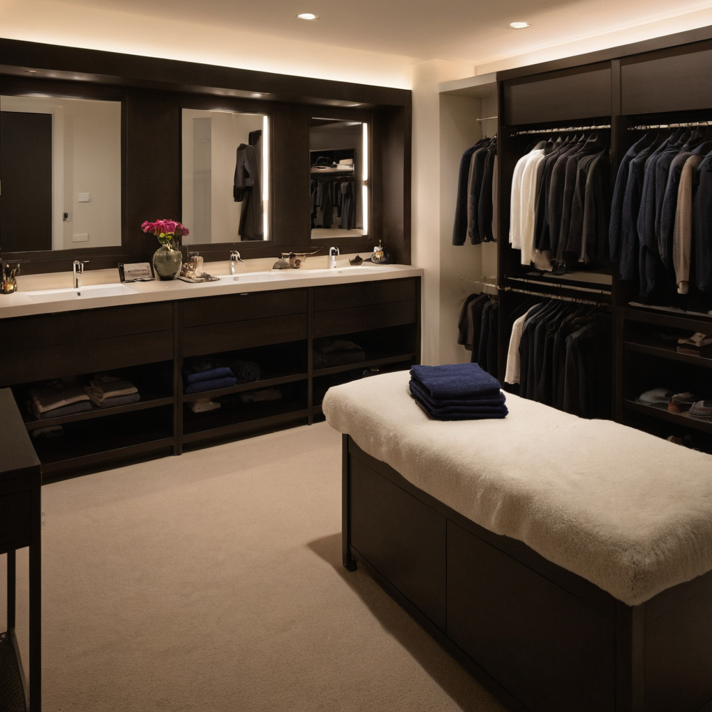 Luxury interior image showing A dressing-room lighting mock-up should be approved with real garments before procurement