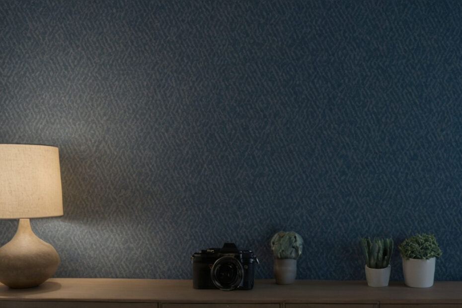 Test Grey-Blue Wallpaper Under LED Light Before Fixing Color Temperature editorial visual