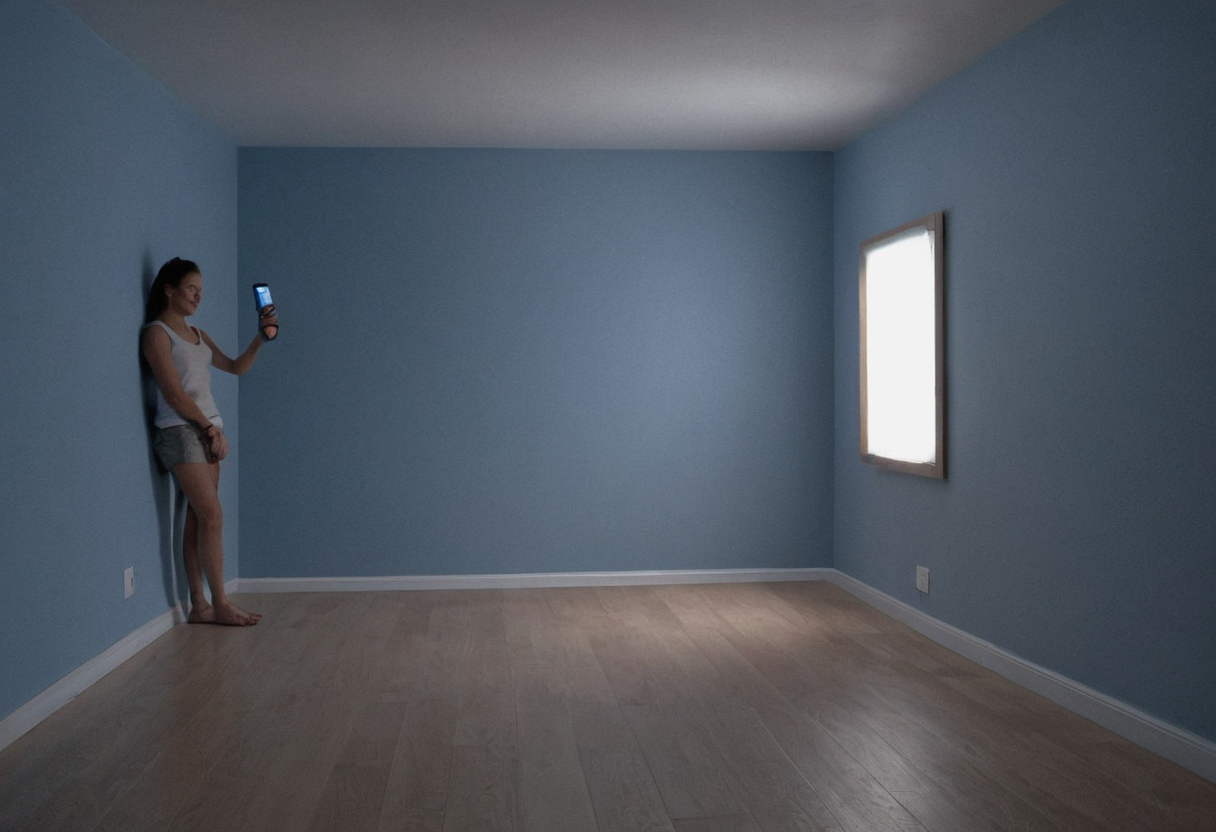 Grey-blue wallpaper must be checked in direct and floor-mirror views editorial visual